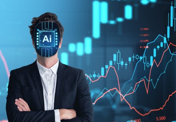 Man,In,Suit,With,Digital,Ai,Interface,On,Face,,Standing