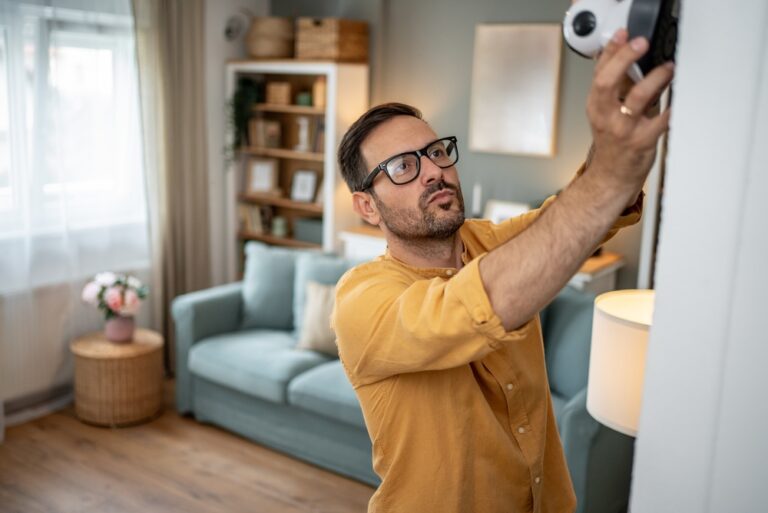 Man,Installing,A,Security,Camera,On,A,Wall,,Ensuring,Home