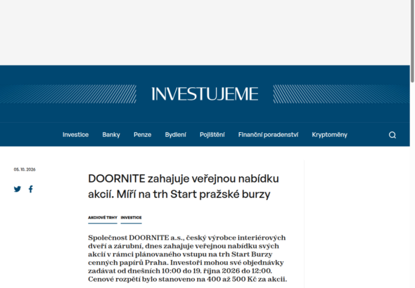 doornite-zahajuje-verejnou-nabidku-akcii-miri-na-trh-start-prazske-burzy