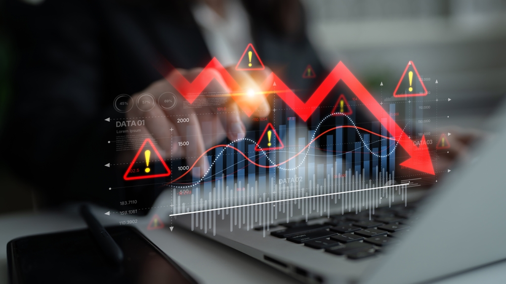 Economic,Caution,Visualized,With,Fluctuating,Market,Graph,,Alert,Symbols,,And