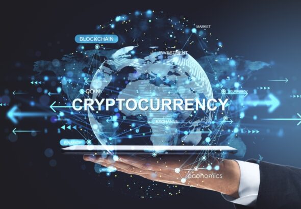 Businessman,Hand,Holding,Tablet,With,Digital,Globe,Showing,Cryptocurrency,,Blockchain,